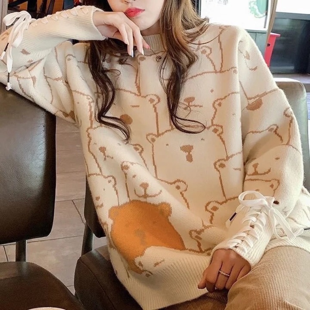 Bear cartoon sweater lace up sleeve cream apricot beige